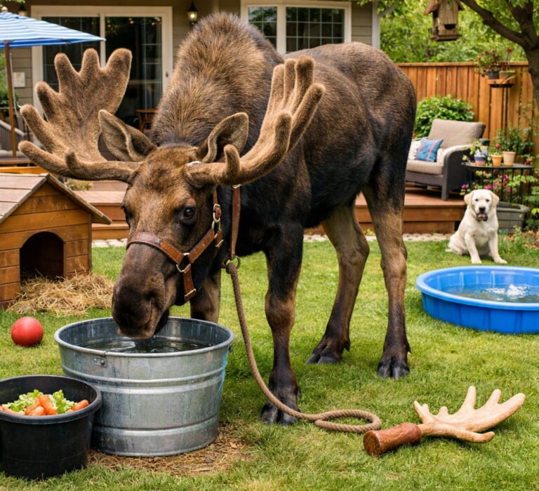 A moose as a pet in a backyard