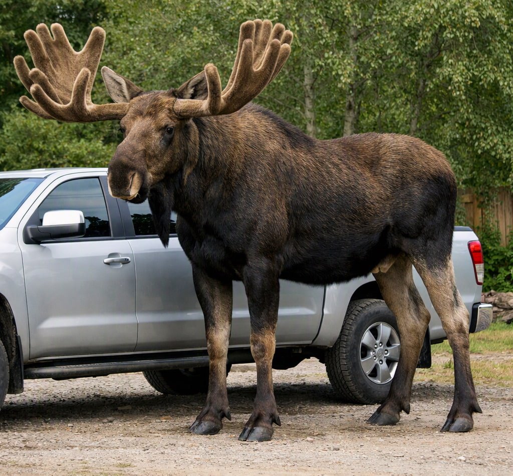 moose next to a truck a moose as a pet next to a pickup truck